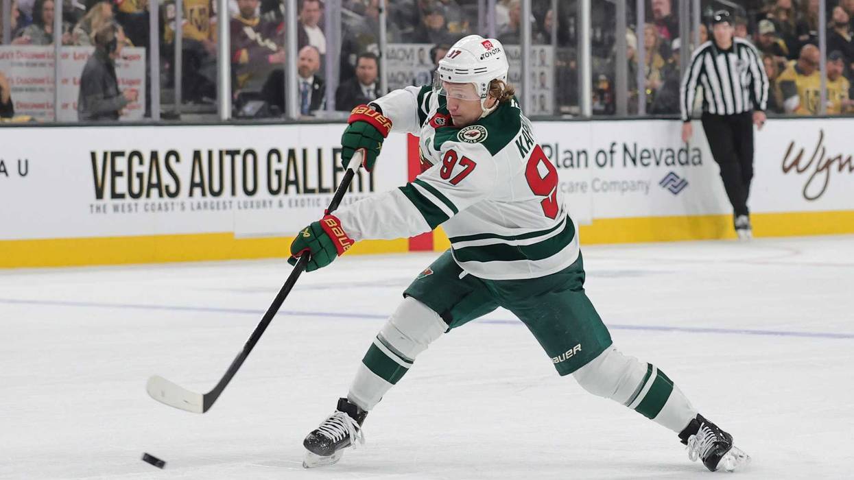 Kirill Kaprizov #97 of the Minnesota Wild takes a shot against the Vegas Golden Knights during the first period in Game Two of the First Round of the 2025 Stanley Cup Playoffs at T-Mobile Arena on April 22, 2025 in Las Vegas, Nevada.