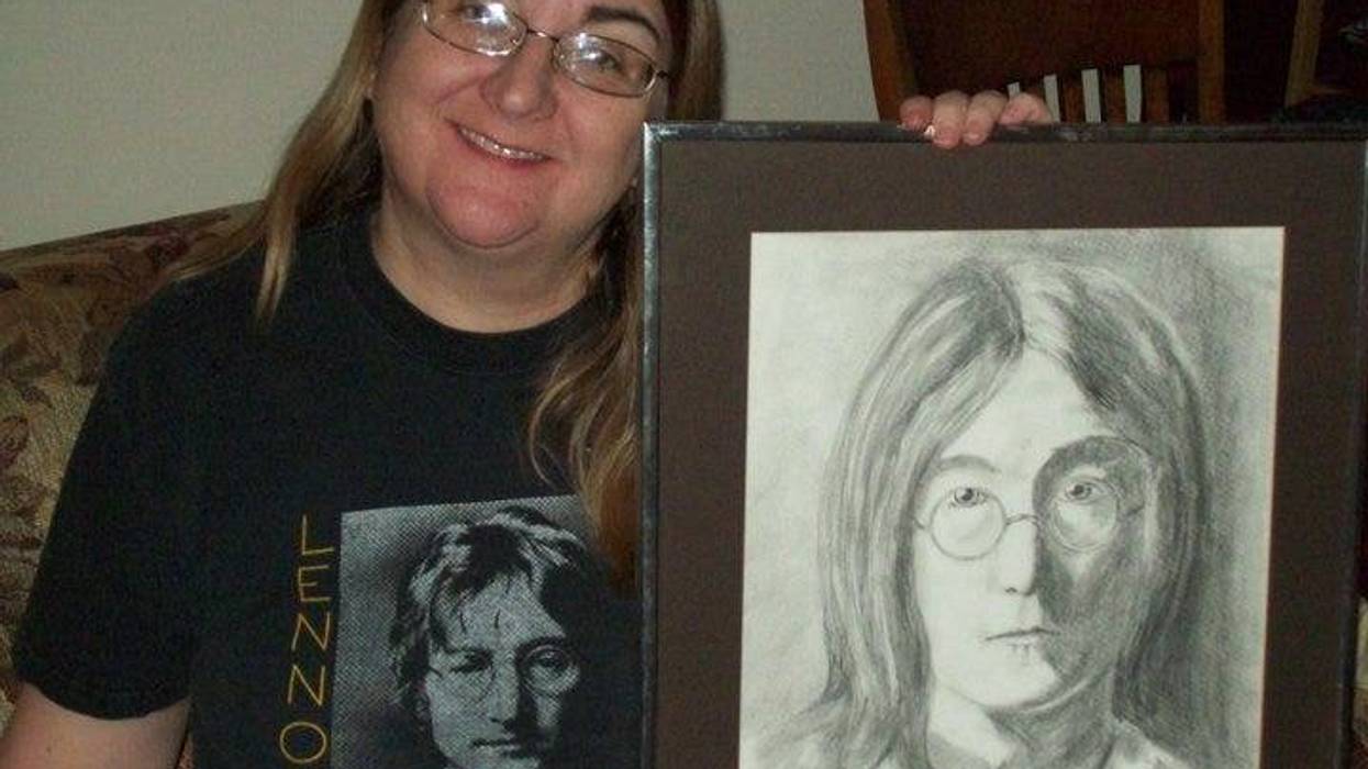 Kitty Dunn and a drawing of John Lennon