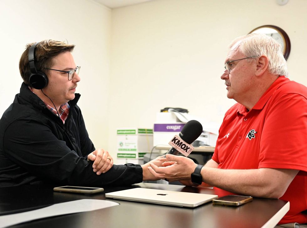 KMOX reporter Stuart McMillian speaking with Dr. Clint Freeman about the success of the anchor room at Pevely Elementary.