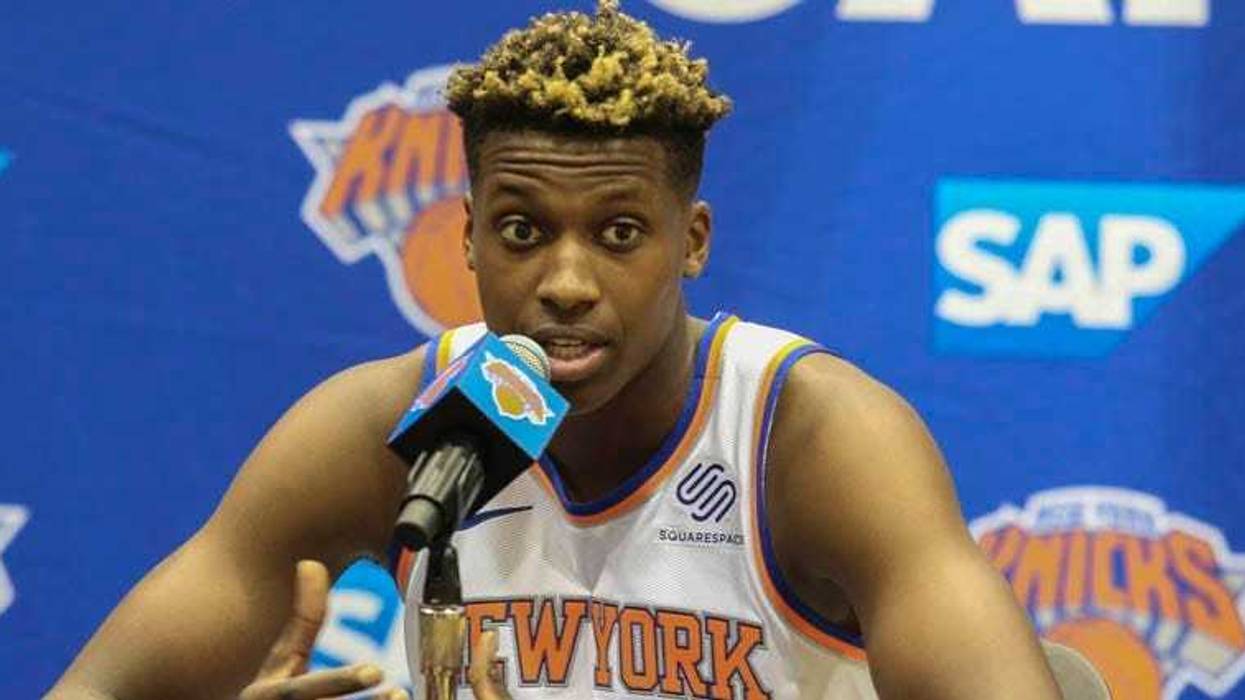 Knicks guard Frank Ntilikina speaks at Media Day on Sept. 24, 2018, in Greenburgh, New York.
