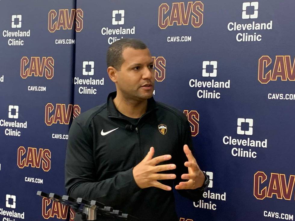 Koby Altman takes questions on April 12 at Cleveland Clinic Courts