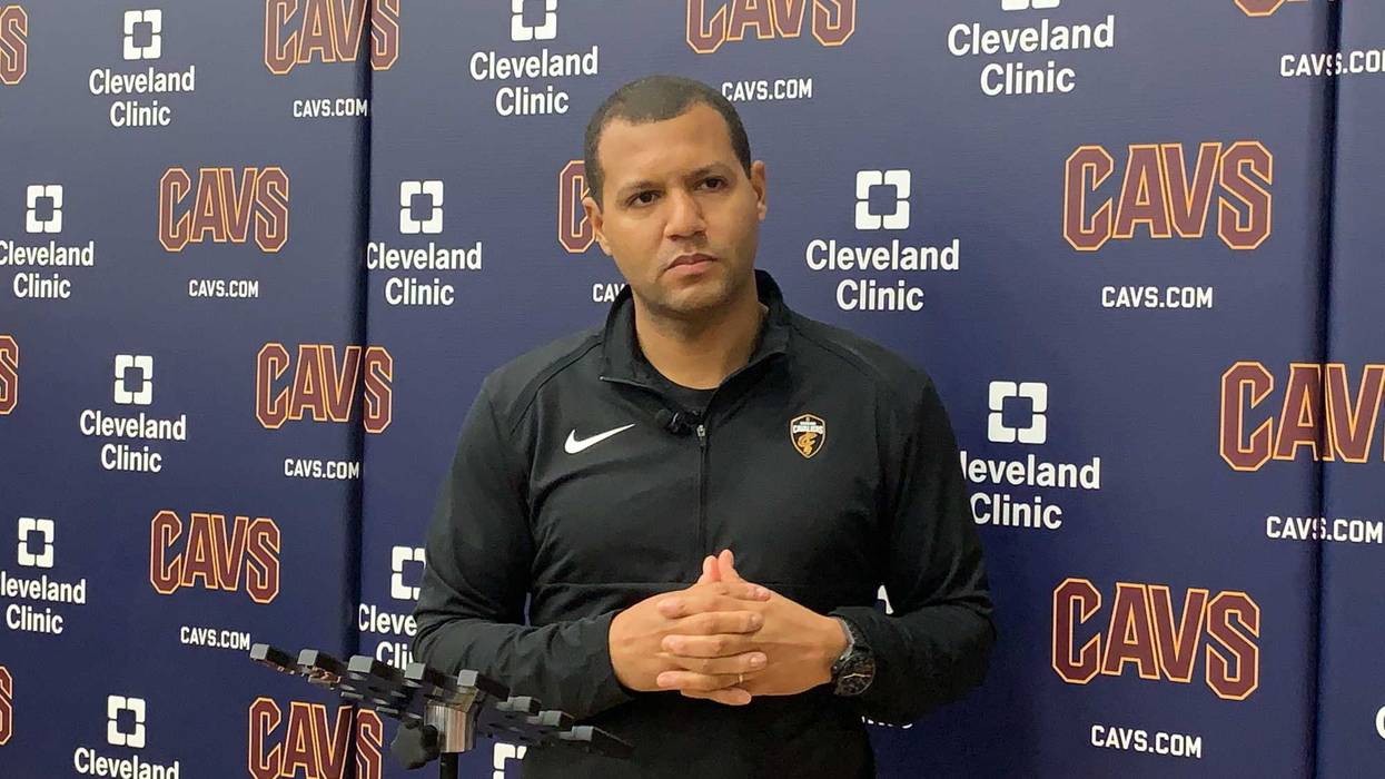 Koby Altman takes questions on April 12 at Cleveland Clinic Courts