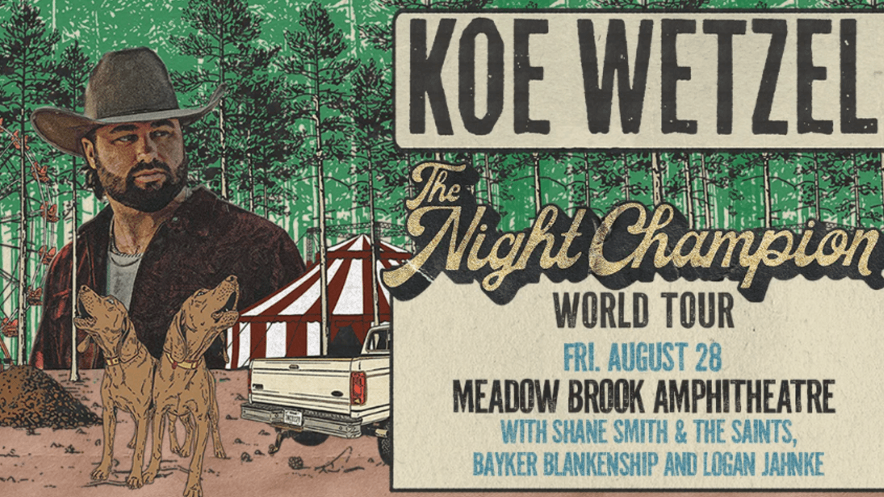 Koe Wetzel The Night Champion World Tour concert poster with rustic illustrations. Aug 28, Meadow Brook Amphitheatre.