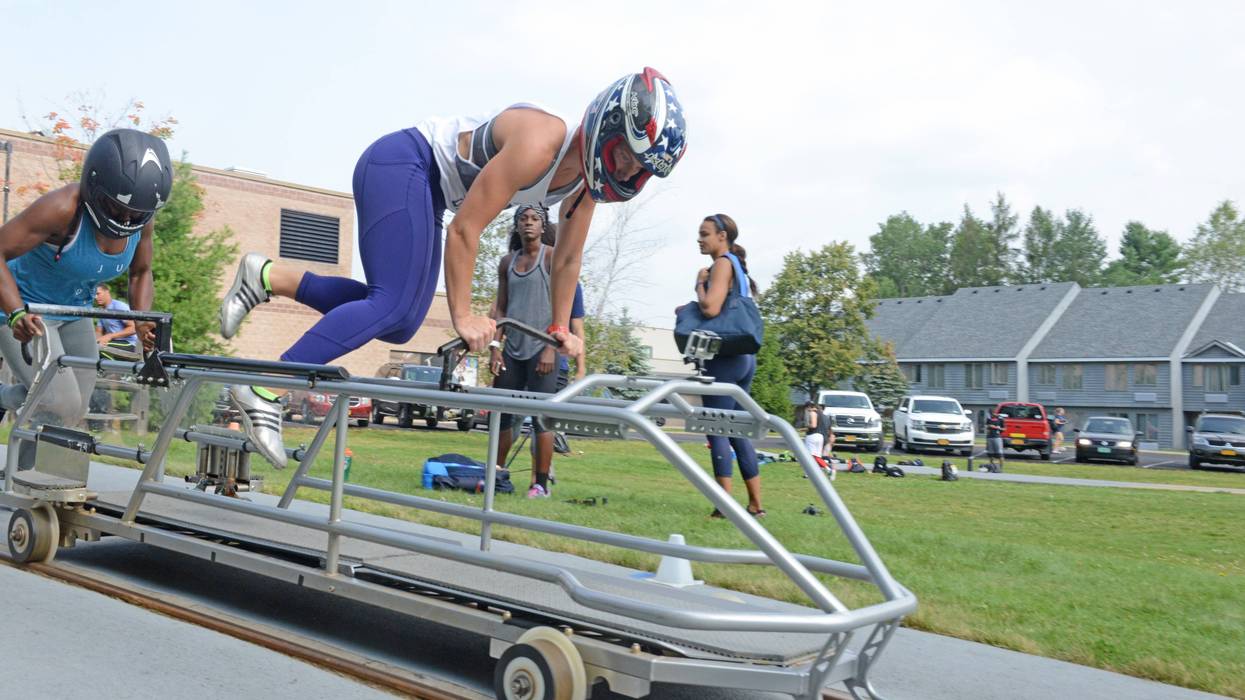 Kristi Koplin, bobsled driver, trains on a railcar in Lake Placid, N.Y., August 17, 2017.