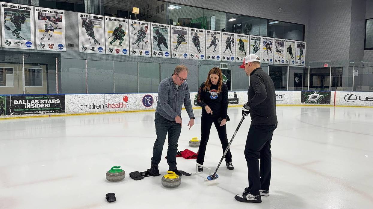 KRLD's Eric Bushman works with DFW Curling Club President in an attempt co throw curling rock