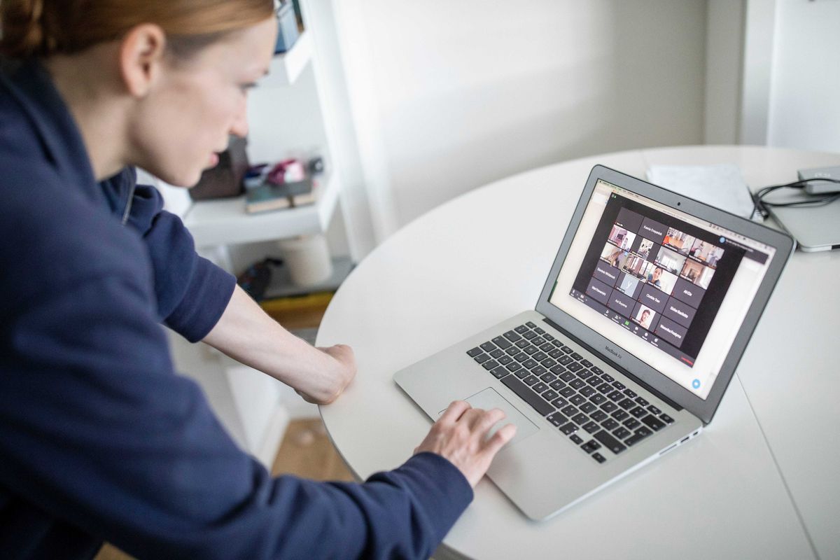 Ksenia Ovsyanick, Principal Dancer at Staatsballett Berlin starts her zoom meeting to practice at home during the coronavirus crisis on April 24, 2020 in Berlin, Germany.