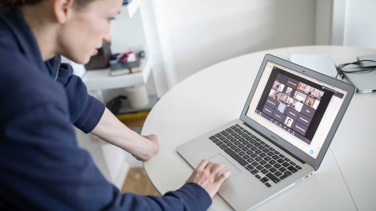 Ksenia Ovsyanick, Principal Dancer at Staatsballett Berlin starts her zoom meeting to practice at home during the coronavirus crisis on April 24, 2020 in Berlin, Germany.