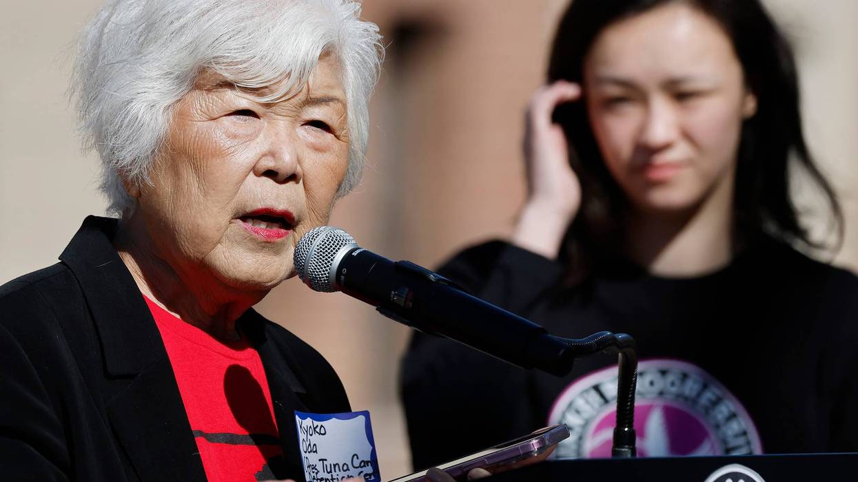 Kyoko Nancy Oda, a former incarceree of Tule Lake Segregation Center, speaks at a rally at the Japanese American National Museum denouncing President Trump’s use of the Alien Enemies Act of 1798 to conduct mass deportations on March 18, 2025 in Los Angeles, California.