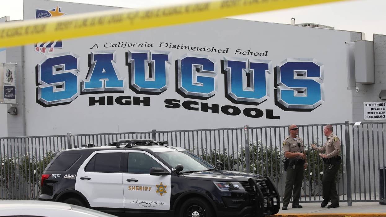 L.A. County Sheriff's Deputies are positioned at Saugus High School a day after a deadly shooting there on November 15, 2019 in Santa Clarita, California.