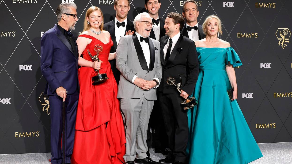 (L-R) Alan Ruck, Sarah Snook, Alexander Skarsgård, Brian Cox, Nicholas Braun, Kieran Culkin, Matthew Macfadyen, and J. Smith-Cameron, winners of Best Drama Series for "Succession," pose in the press room during the 75th Primetime Emmy Awards at Peacock Theater on January 15, 2024 in Los Angeles, California