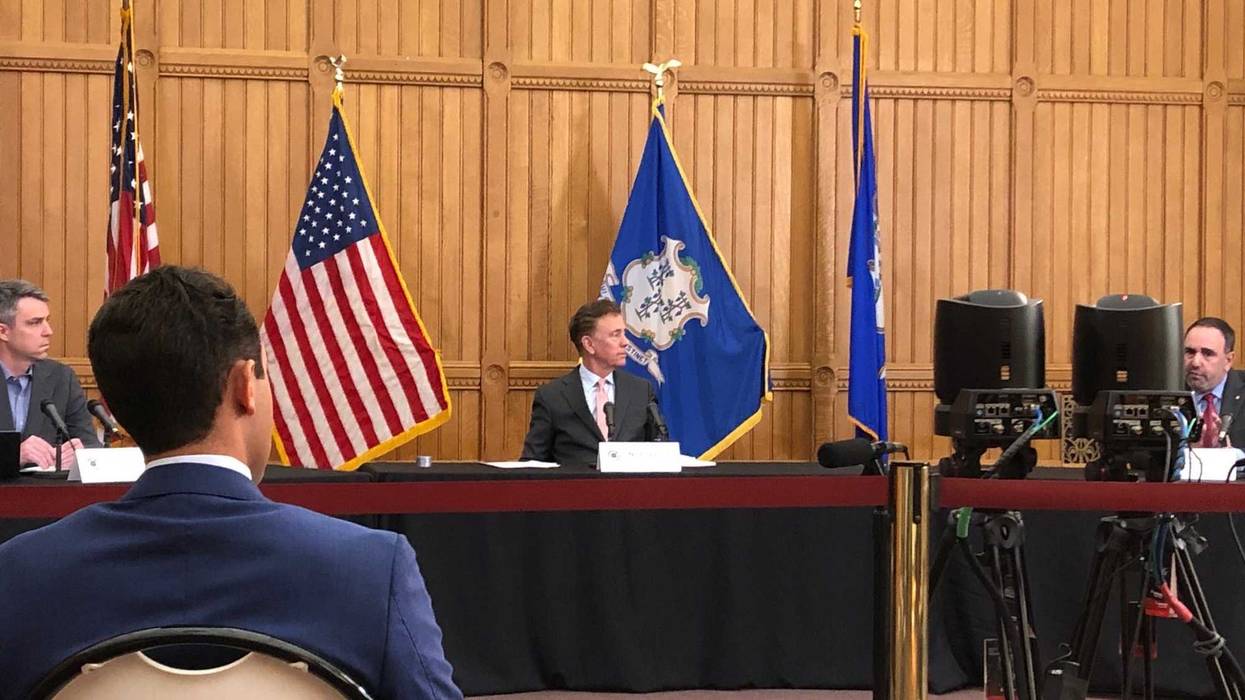 (L-R) CT COO Josh Geballe, Gov. Ned Lamont (D/CT) and Hartford Healthcare CEO Jeffrey Flaks, 3/27/20