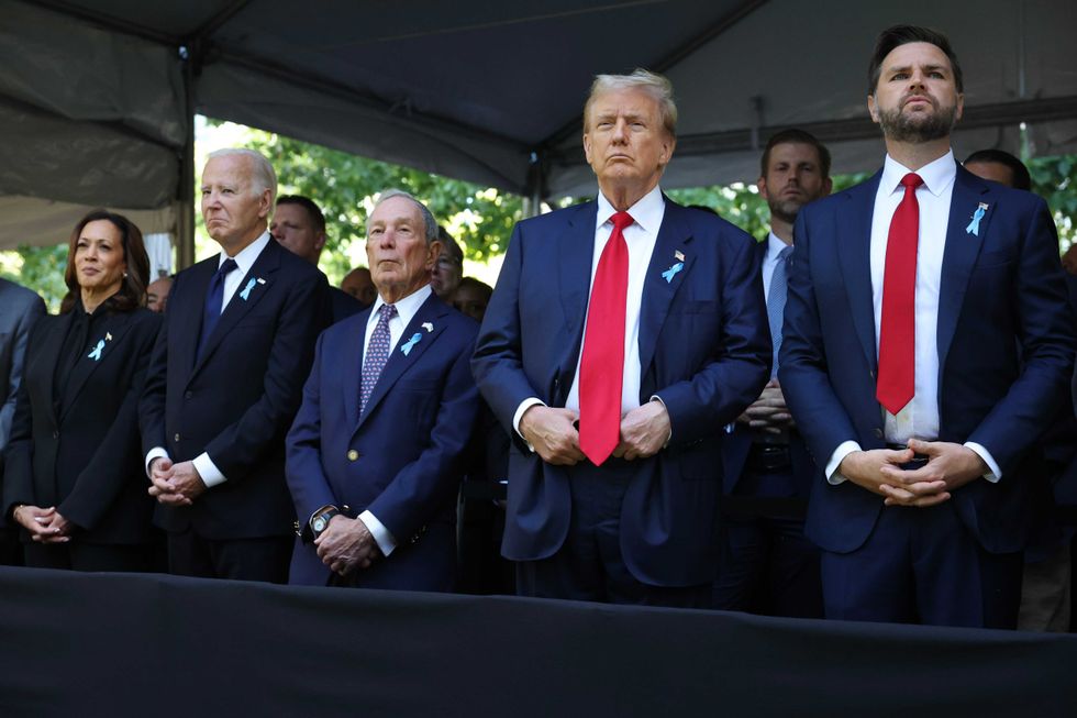 (L-R) Democratic presidential nominee, U.S. Vice President Kamala Harris, U.S. President Joe Biden, former Mayor of New York Michael Bloomberg, Republican presidential nominee, former U.S. President Donald Trump and Republican vice presidential candidate Sen. J.D. Vance (R-OH) join family and friends at the 9/11 Memorial