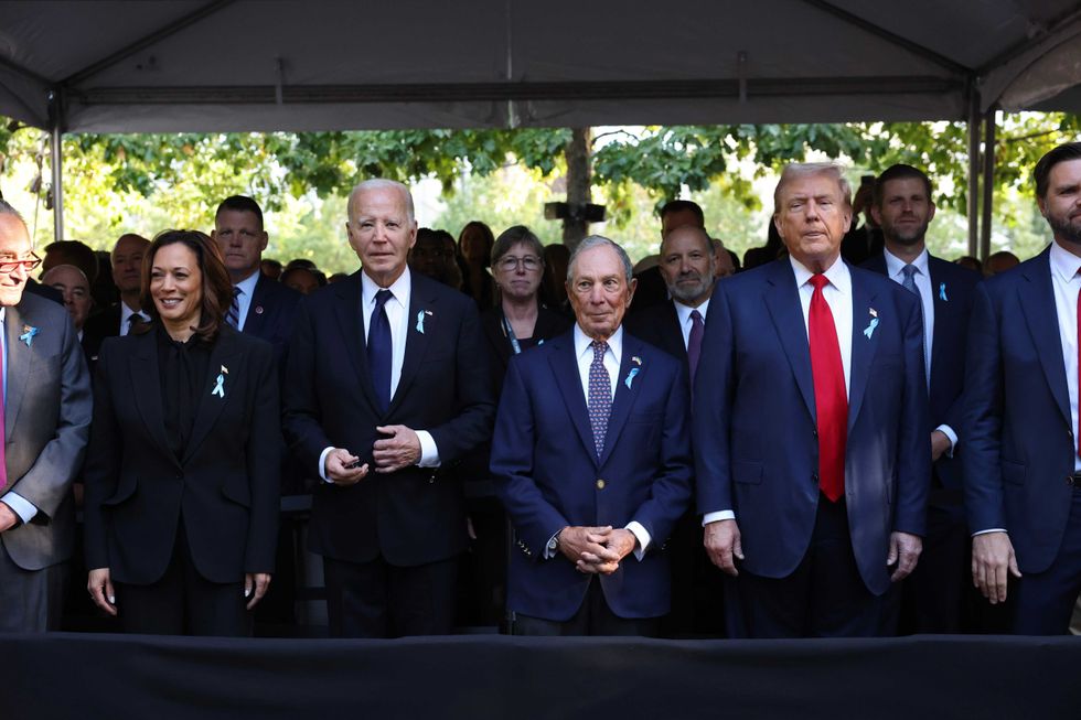 (L-R) Democratic presidential nominee, U.S. Vice President Kamala Harris, U.S. President Joe Biden, former Mayor of New York Michael Bloomberg, Republican presidential nominee, former U.S. President Donald Trump joined family and friends in Lower Manhattan for the ceremony