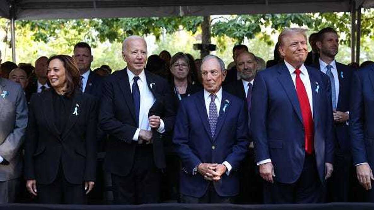 (L-R) Democratic presidential nominee, U.S. Vice President Kamala Harris, U.S. President Joe Biden, former Mayor of New York Michael Bloomberg, Republican presidential nominee, former U.S. President Donald Trump joined family and friends at Ground Zero honoring the lives of those lost on the 23rd anniversary of the terror attacks of September 11, 2001, at the World Trade Center on September 11, 2024 in New York City.