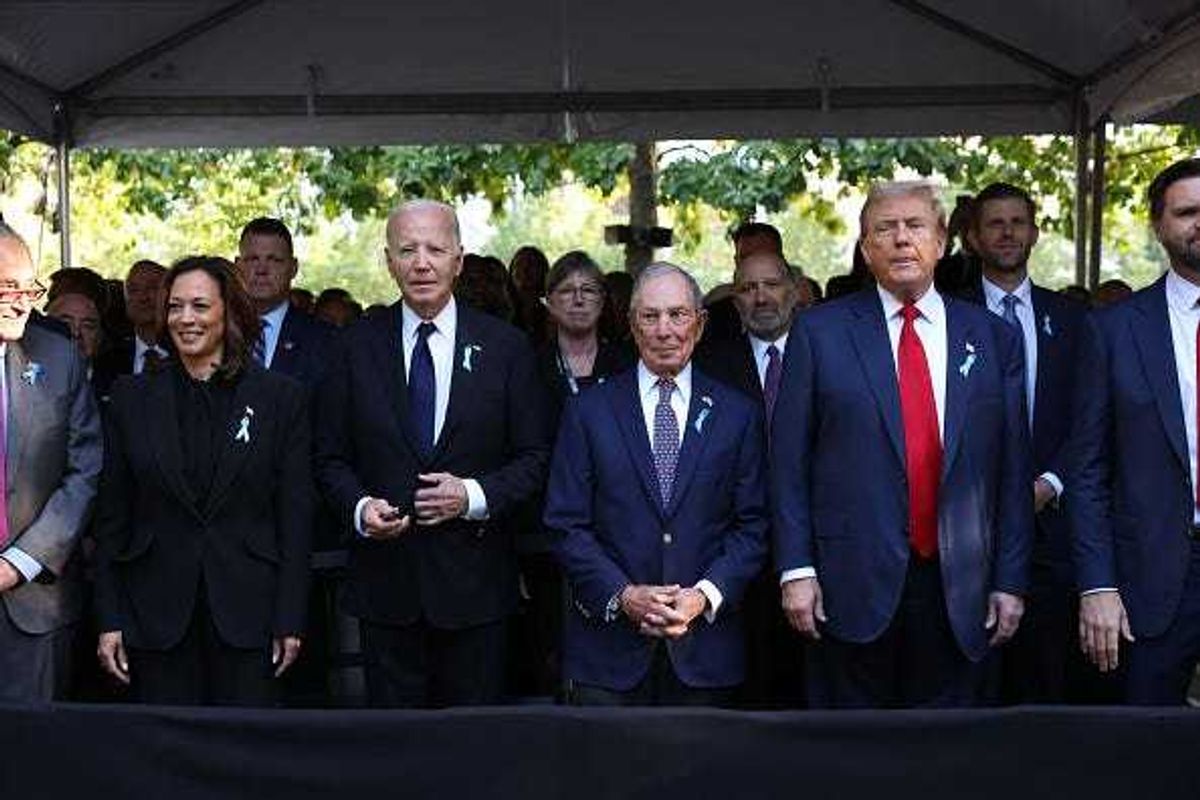 (L-R) Democratic presidential nominee, U.S. Vice President Kamala Harris, U.S. President Joe Biden, former Mayor of New York Michael Bloomberg, Republican presidential nominee, former U.S. President Donald Trump joined family and friends at Ground Zero honoring the lives of those lost on the 23rd anniversary of the terror attacks of September 11, 2001, at the World Trade Center on September 11, 2024 in New York City.