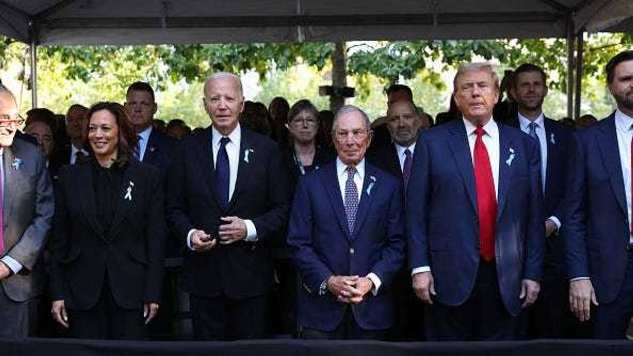 (L-R) Democratic presidential nominee, U.S. Vice President Kamala Harris, U.S. President Joe Biden, former Mayor of New York Michael Bloomberg, Republican presidential nominee, former U.S. President Donald Trump joined family and friends at Ground Zero honoring the lives of those lost on the 23rd anniversary of the terror attacks of September 11, 2001, at the World Trade Center on September 11, 2024 in New York City.