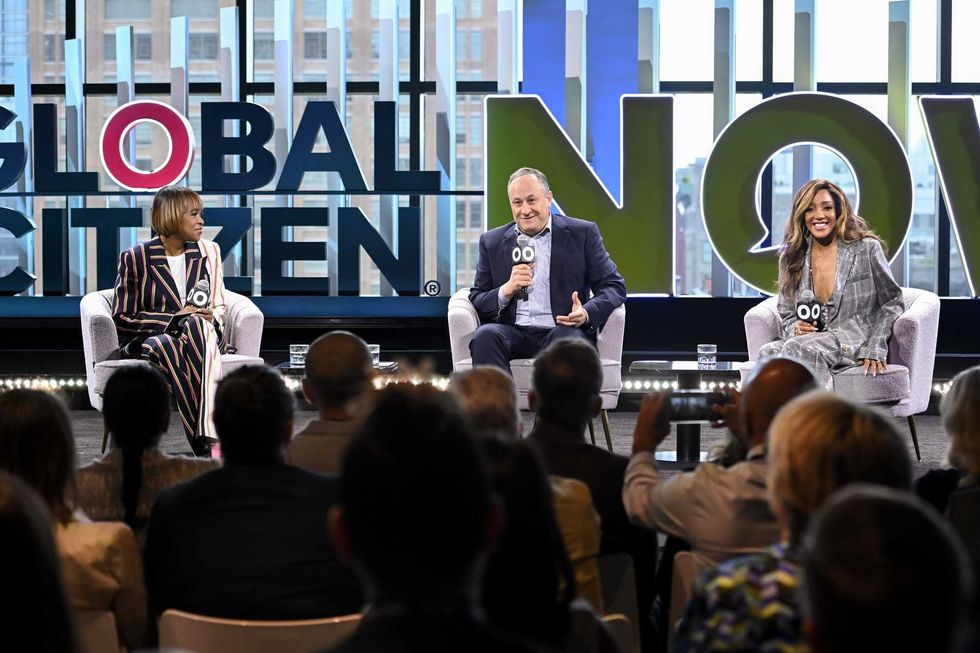 (L-R) Errin Haines, Second Gentleman Douglas Emhoff, and country singer Mickey Guyton speak onstage during Global Citizen NOW 2024 at Spring Studios on May 1, 2024 in New York City.