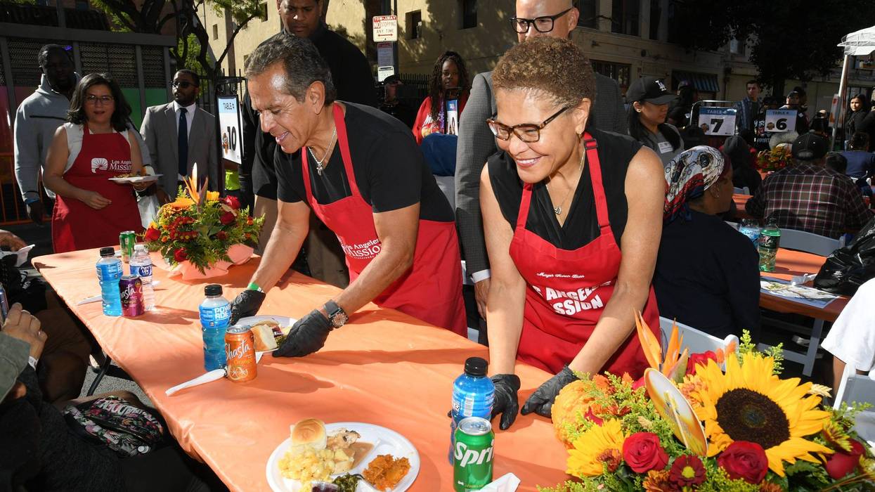 (L-R) Former Los Angeles Mayor Antonio Villaraigosa and Los Angeles Mayor Karen Bass attend Los Angeles Mission's Celebrity Thanksgiving at Los Angeles Mission on November 22, 2023 in Los Angeles, California.