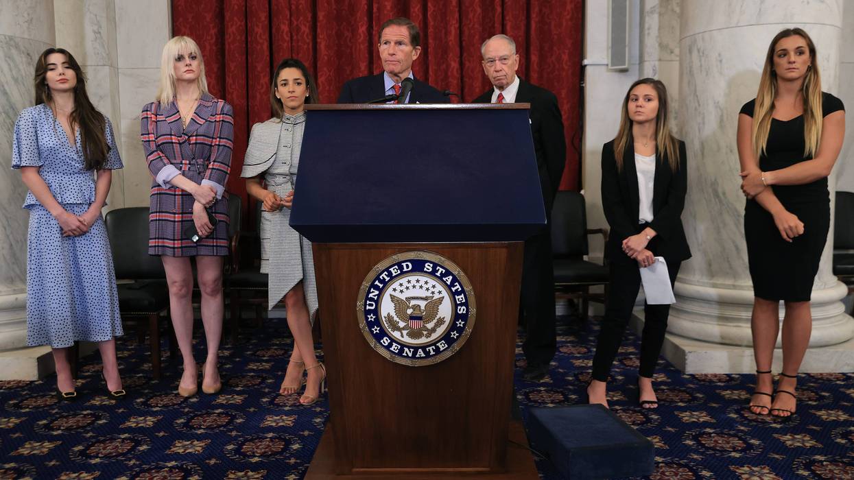 (L-R) Former U.S. Olympic gymnast McKayla Maroney, national champion Jessica Howard, Olympian Aly Raismam, Sen. Richard Blumenthal (D-CT), Sen. Charles Grassley (R-IA), gymnast Kaylee Lorincz and NCAA and world champion gymnast Maggie Nichols hold a news conference in the Russell Senate Office Building following the gymnasts' testimony before the Senate Judiciary Committee on September 15, 2021 in Washington, DC. Maroney, Raisman and Nichols testified about the abuse they experienced at the hands of Larry Nassar, the now-imprisoned U.S. women's national gymnastics team doctor, and the Federal Bureau of Investigation’s lack of urgency when handling their cases.