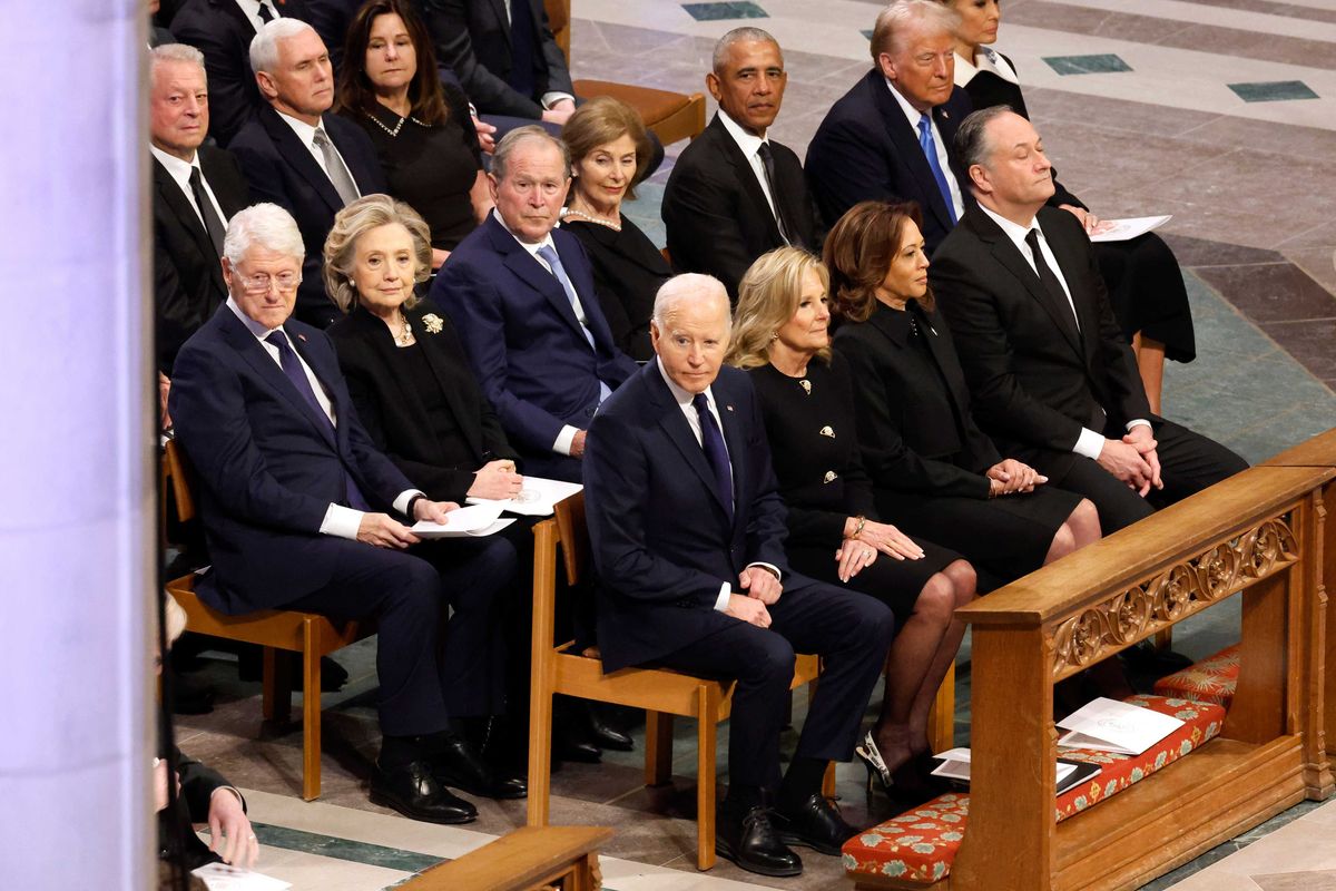 (L-R) Former U.S. Vice Presidents Al Gore and Mike Pence, Karen Pence, former U.S. President Bill Clinton, former Secretary of State Hillary Clinton, former U.S. President George W. Bush, Laura Bush, former U.S. President Barack Obama, U.S. President-elect Donald Trump, Melania Trump, U.S. President Joe Biden, first lady Jill Biden U.S. Vice President Kamala Harris and second gentleman Doug Emhoff attend the state funeral for former U.S. President Jimmy Carter.