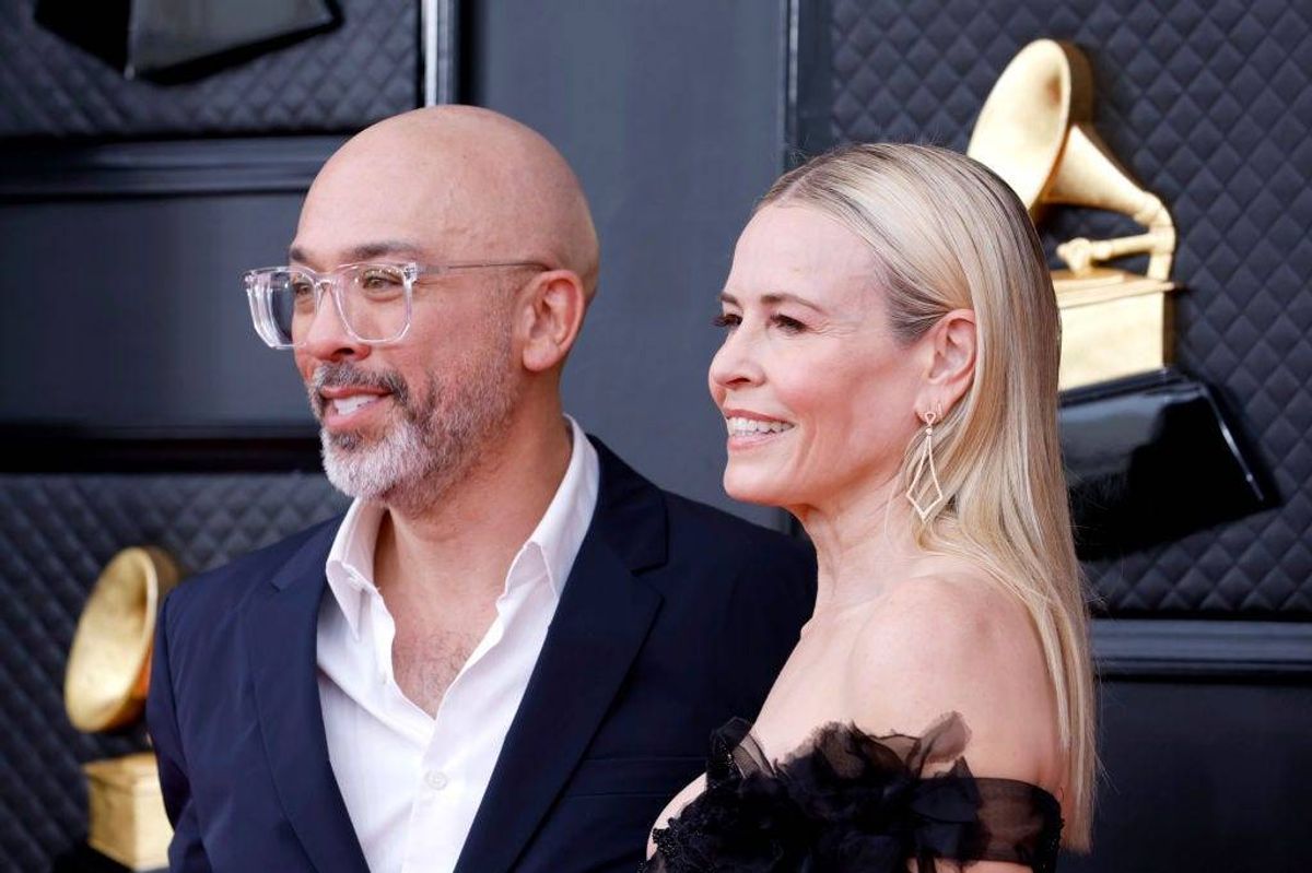 (L-R) Jo Koy and Chelsea Handler attend the 64th Annual GRAMMY Awards at MGM Grand Garden Arena on April 03, 2022 in Las Vegas, Nevada