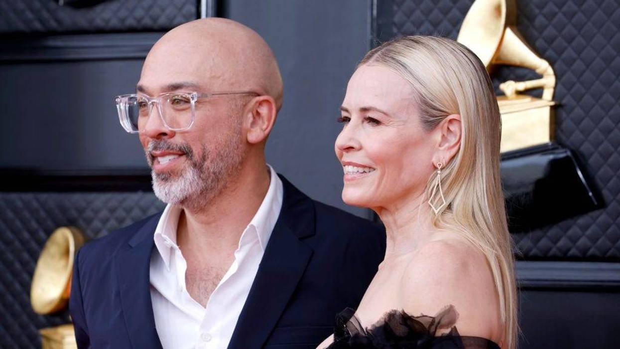 (L-R) Jo Koy and Chelsea Handler attend the 64th Annual GRAMMY Awards at MGM Grand Garden Arena on April 03, 2022 in Las Vegas, Nevada