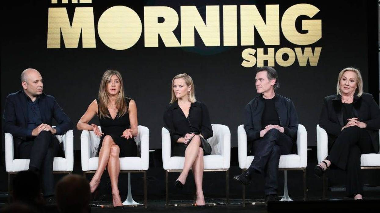 (L-R) Michael Ellenberg, Jennifer Aniston, Reese Witherspoon, Billy Crudup and Mimi Leder of "The Morning Show" speak onstage during the Apple TV+ segment of the 2020 Winter TCA Tour at The Langham Huntington, Pasadena on January 19, 2020 in Pasadena, California.