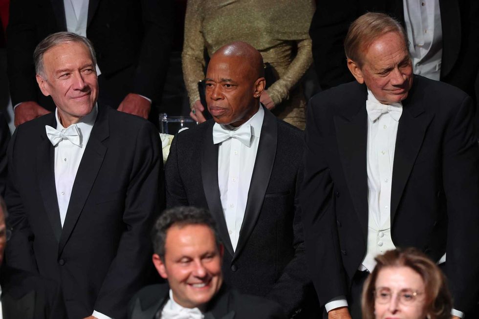 (L-R) Mike Pompeo, former U.S. secretary of state; New York City Mayor Eric Adams; and former New York state Gov. George Pataki attend the annual Alfred E. Smith Foundation Dinner at the New York Hilton Midtown on October 17, 2024