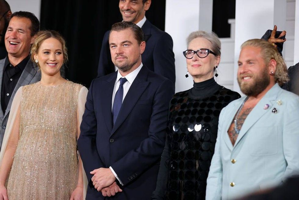 (L-R) Scott Stuber, Jennifer Lawrence, Leonardo DiCaprio, Meryl Streep and Jonah Hill attend the world premiere of Netflix