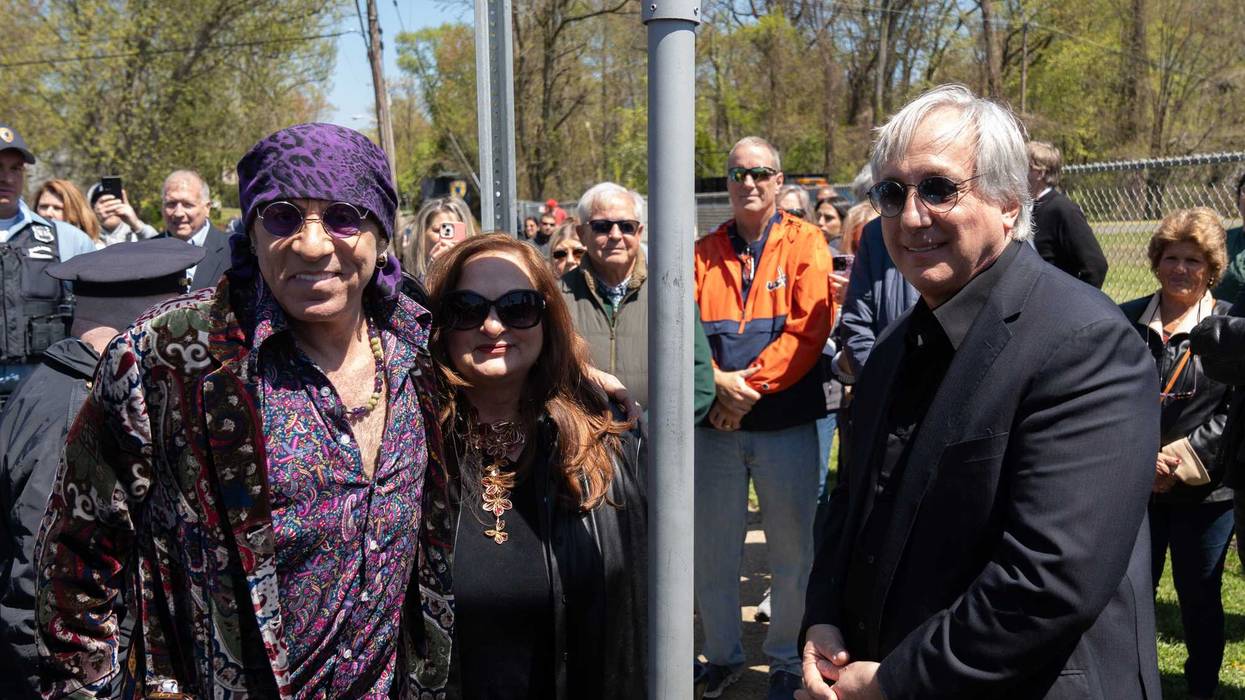 (L-R) Stevie Van Zandt, Kathi Van Zandt and Billy Van Zandt attend the Stevie and Billy Van Zandt Way street dedication on April 26, 2024 in Middletown, New Jersey.
