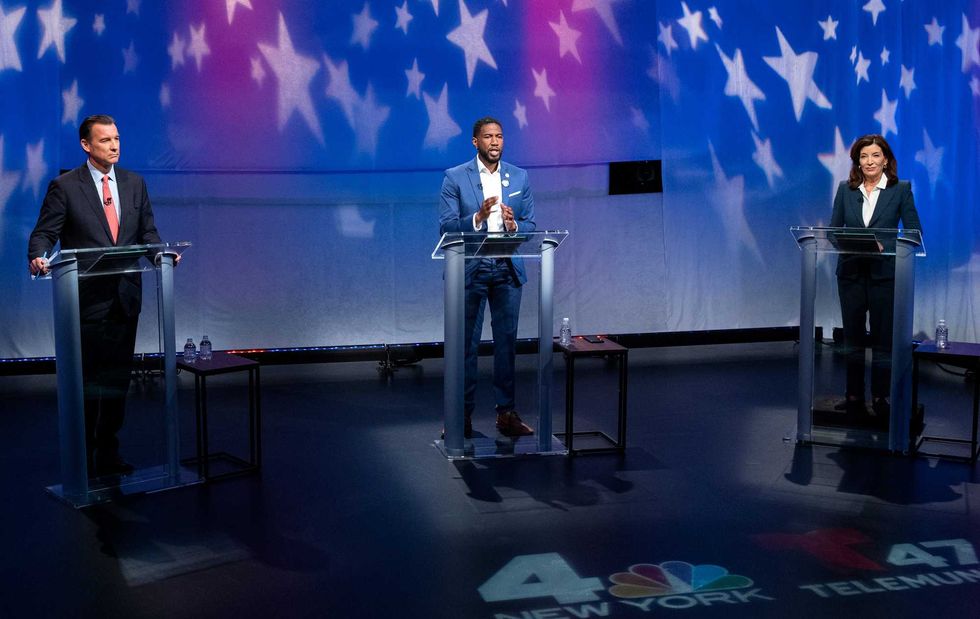 (L-R) U.S. Rep. Tom Suozzi (D-NY), Public Advocate Jumaane Williams and Gov. Kathy Hochul debate in the race for governor at the studios of WNBC4-TV June 16, 2022 in New York City