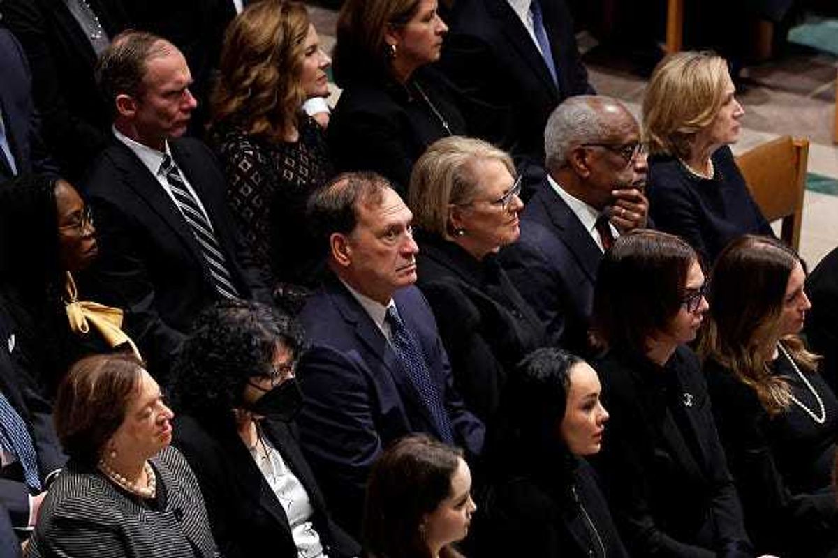 (L-R) U.S. Supreme Court Justice Elena Kagan; Justice Sonia Sotomayor; Justice Samuel Alito, Jr.; Virginia Thomas and husband Justice Clarence Thomas and Jane Sullivan, wife of Chief Justice John Roberts attend the funeral service for late retired Supreme Court Justice Sandra Day O'Connor at Washington National Cathedral on December 19, 2023 in Washington, DC.