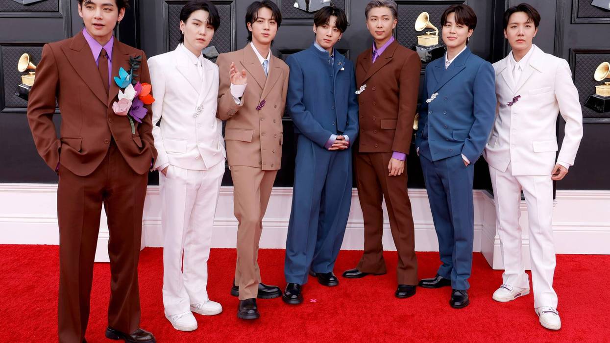(L-R) V, Suga, Jin, Jungkook, RM, Jimin and J-Hope of BTS attend the 64th Annual GRAMMY Awards at MGM Grand Garden Arena on April 03, 2022 in Las Vegas, Nevada.