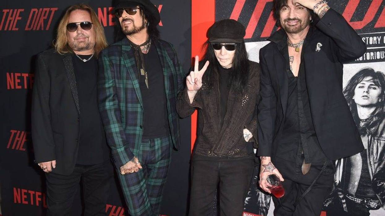 (L-R) Vince Neil, Nikki Sixx, Mick Mars and Tommy Lee of Motley Crue arrive at the premiere of Netflix's "The Dirt" at ArcLight Hollywood on March 18, 2019 in Hollywood, California.