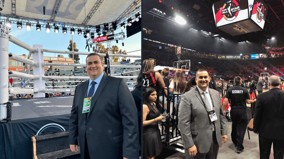 (L) Ringside Physician for Professional Boxing at Dignity Health Sports Park in Carson, CA (April 2023), (R) Event Physician - WNBA All-Star Game at Mandalay Bay in Las Vegas, NV (July 2019)