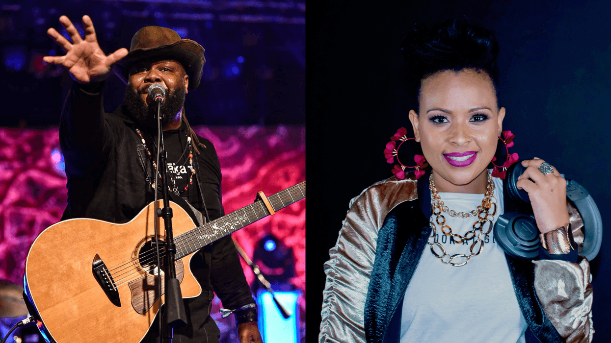 (L To R) "singer/songwriter" Leon Timbo "Good Vibes" Host DJ. Ms. Eclectic