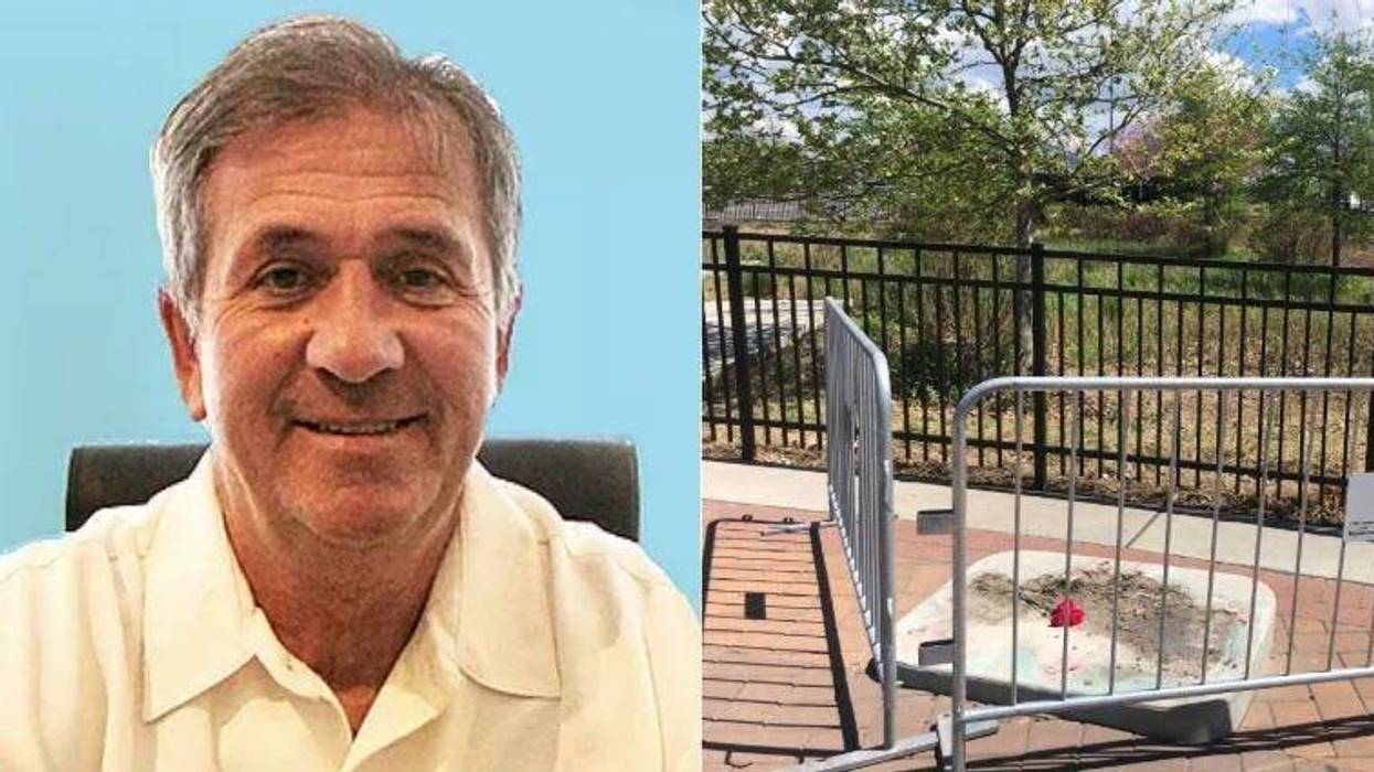 (L) Wildwood Mayor Ernie Troiano Jr. (R) Empty space where Kate Smith statue stood