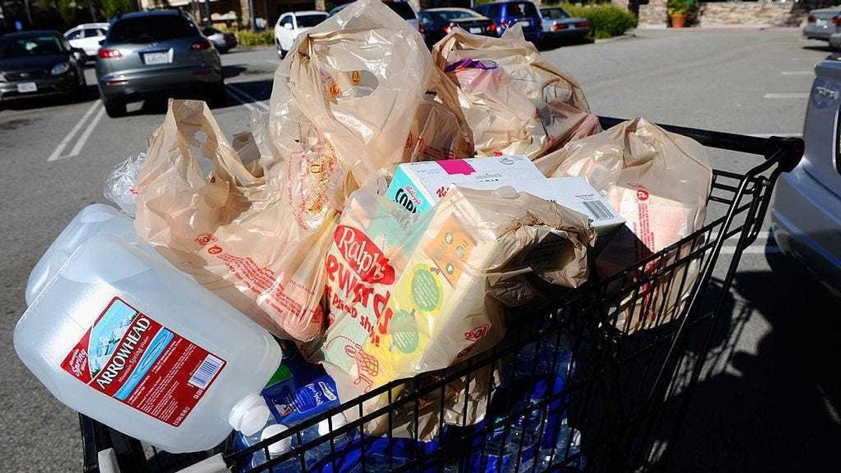 LA CRESCENTA, CA - NOVEMBER 17: Platsic grocery bags are piled into a grocery cart on November 17, 2010 in La Crescenta, California. Los Angeles County Board of Supervisors passed Prop 26, a ban on plastic grocery bags, in unincorporated areas of the county on Tuesday November 16.