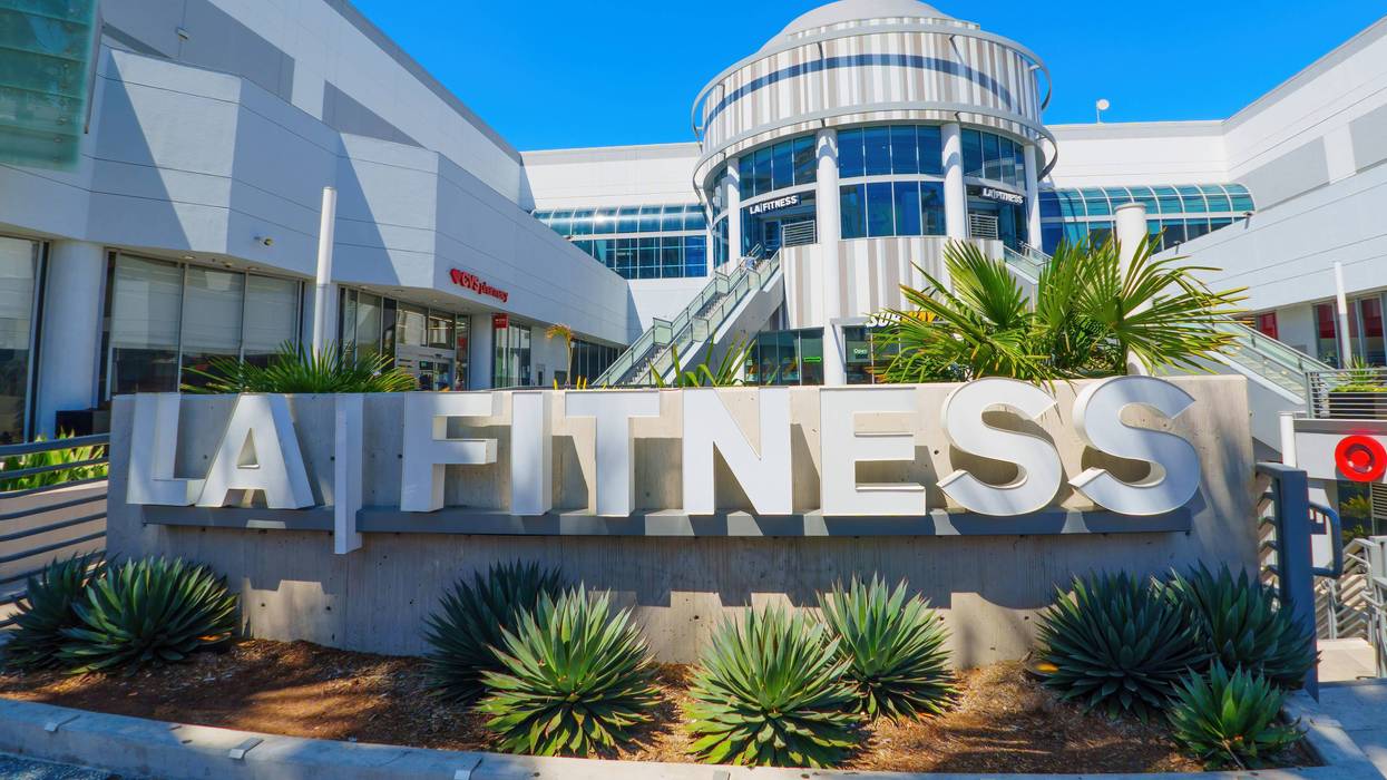 LA Fitness sign outside a gym in a commercial district of LA.