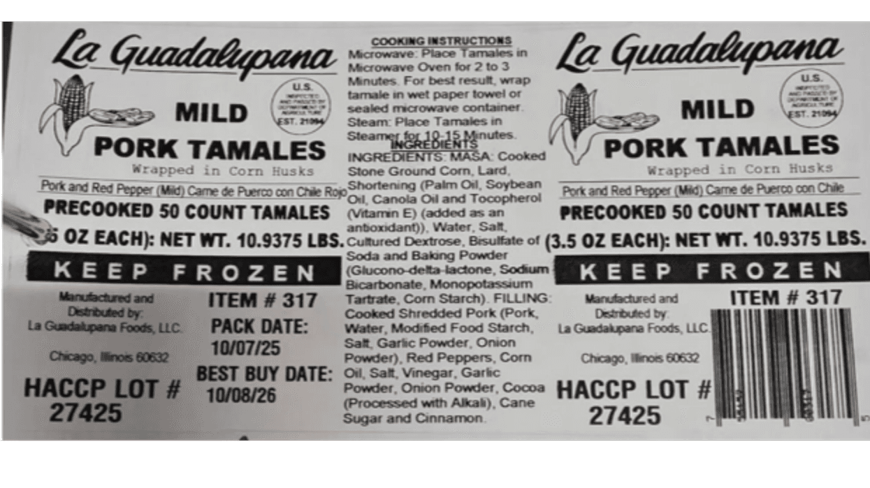 La Guadalupana Foods LLC of Chicago has recalled 2,669 pounds of frozen tamales because of misbranding and an unreported allergen.
