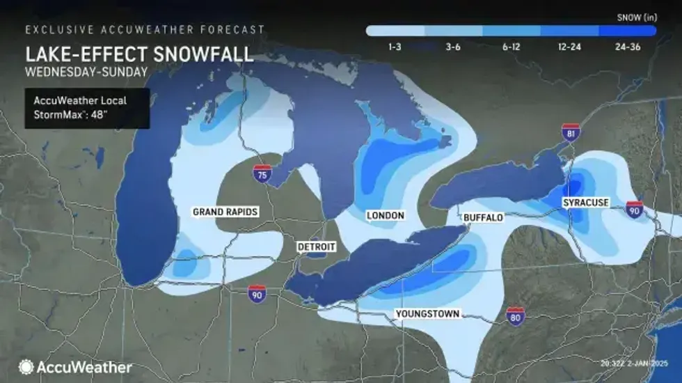 Lake effect snow on the AccuWeather map