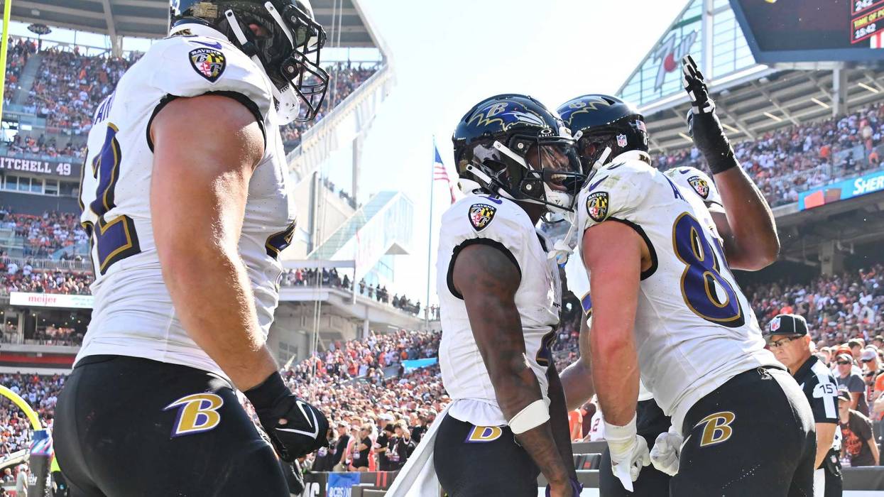 Lamar Jackson #8 of the Baltimore Ravens and Mark Andrews #89 of the Baltimore Ravens celebrate after Andrews' receiving touchdown during the second quarter against the Cleveland Browns at Cleveland Browns Stadium on October 01, 2023 in Cleveland, Ohio.
