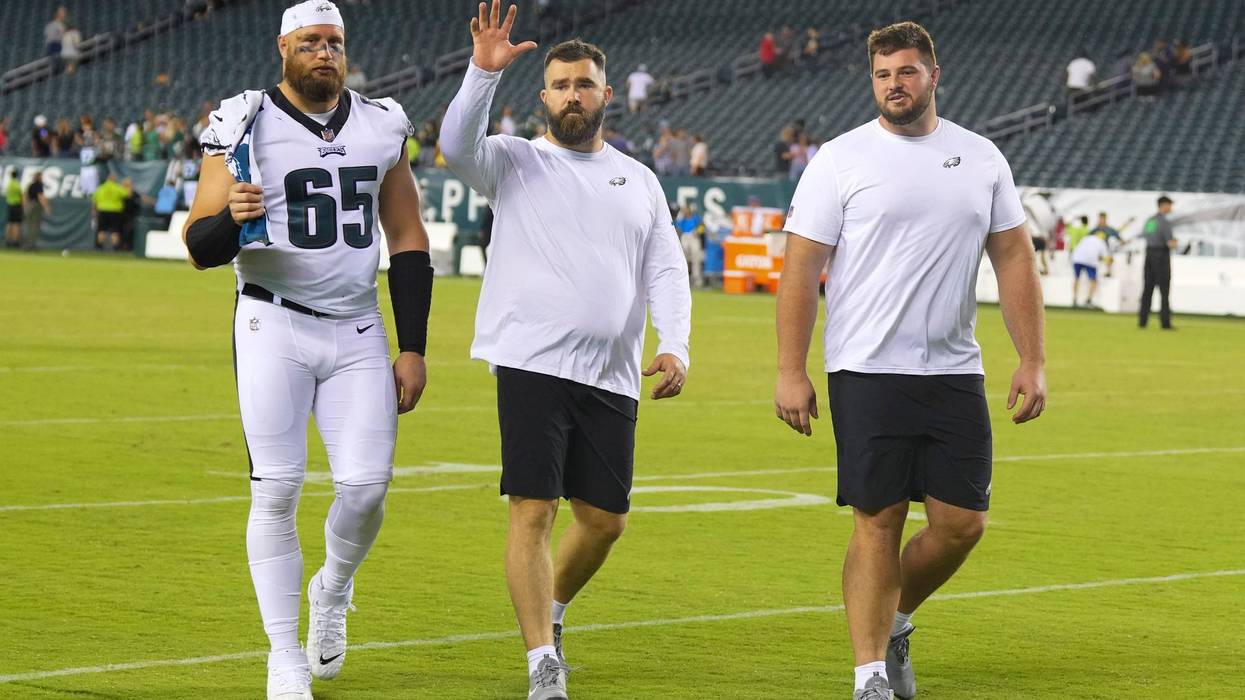 Lane Johnson #65, Jason Kelce #62, and Landon Dickerson #69 of the Philadelphia Eagles walk off the field after the preseason game against the New York Jets at Lincoln Financial Field on August 12, 2022 in Philadelphia, Pennsylvania.