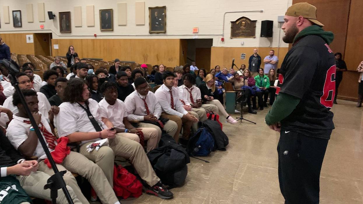 Lane Johnson talks about mental health with high school students