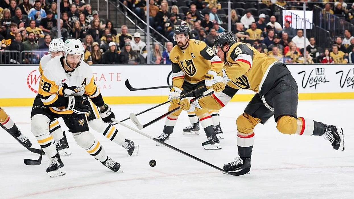 LAS VEGAS, NEVADA - MARCH 12: Kris Letang #58 of the Pittsburgh Penguins blocks a shot by Jack Eichel #9 of the Vegas Golden Knights in the second period of their game at T-Mobile Arena on March 12, 2026 in Las Vegas, Nevada.