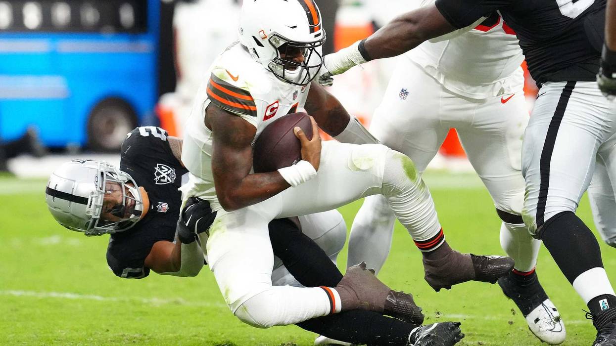 Las Vegas Raiders safety Isaiah Pola-Mao (20) sacks Cleveland Browns quarterback Deshaun Watson (4) during the fourth quarter at Allegiant Stadium.