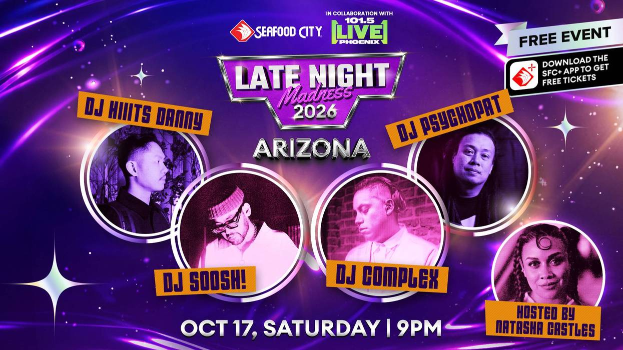 Late Night Madness 2026 Arizona promo: Free DJ event, Oct 17, 9PM. Get tickets via SFC+ app.