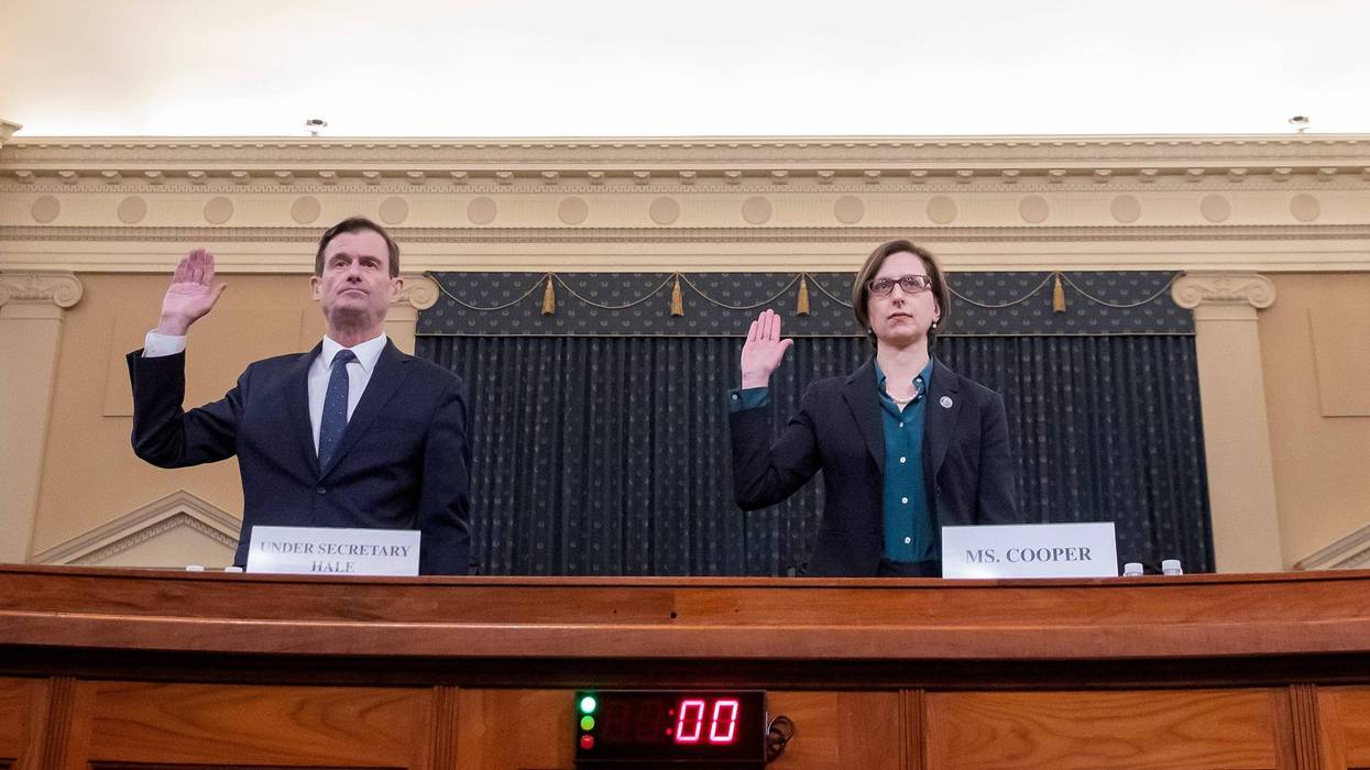 Laura Cooper, the deputy assistant secretary of defense for Russia, Ukraine, and Eurasia; and David Hale (L), the under secretary of state for political affairs, are sworn in prior to testifying before the House Intelligence Committee on Nov. 20, 2019.