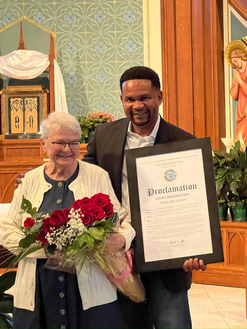 Laura Waegner with Aurora Mayor Richard Irvin who proclaimed today Laura Waegner in the city.