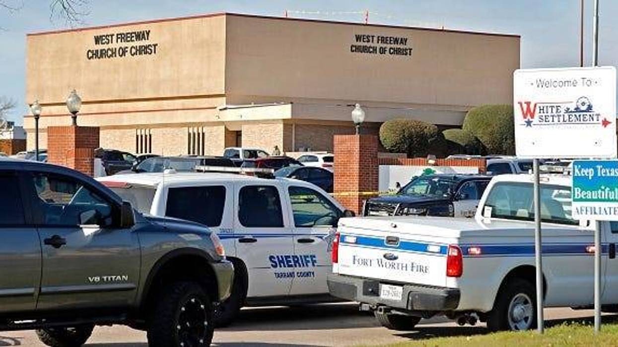 Law enforcement vehicles are parked outside West Freeway Church of Christ where a shooting took place at the morning service on December 29, 2019 in White Settlement, Texas. The gunman was killed by armed members of the church after he opened fire during